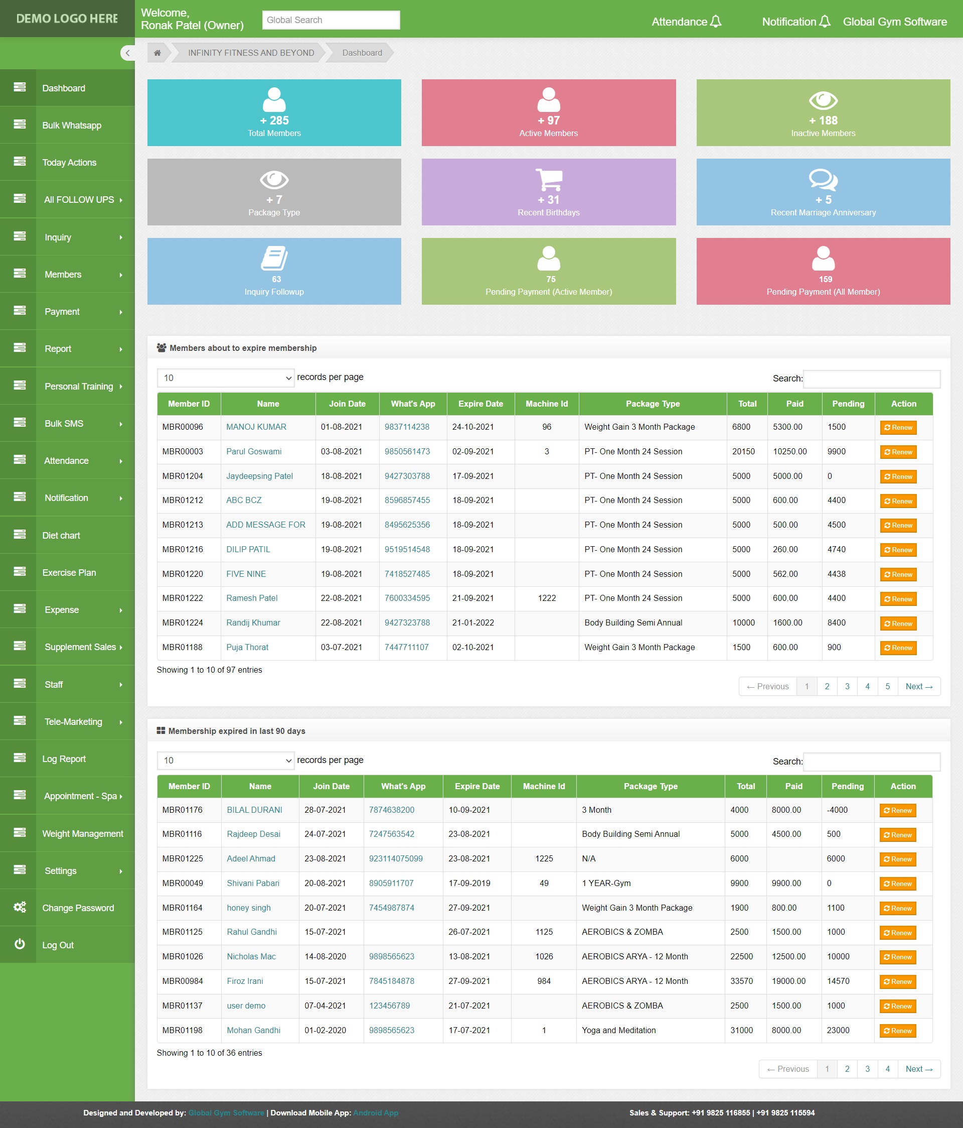 global gym software dashboard